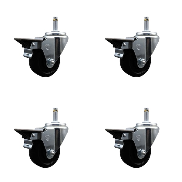 3'' Soft Rubber Wheel Swivel 7/16'' Grip Ring Stem Caster Set with Brake, 4PK